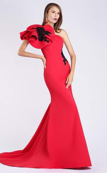 MNM COUTURE - M0042 Embroidered Asymmetric Mermaid Dress With Train In Red