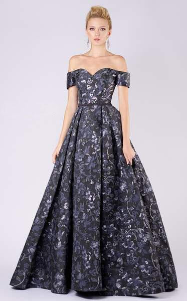 MNM COUTURE - M0047 Off-shoulder Jacquard Pleated Ballgown In Black