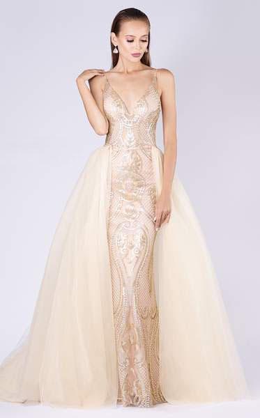 MNM COUTURE - M0048 Sequined Plunging V-neck Dress With Overskirt In Gold
