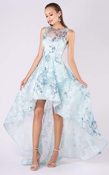 MNM COUTURE - M0050 Embroidered Jewel Neck High Low A-line Dress In Blue