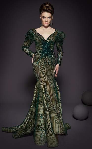 MNM COUTURE - 2452 Sequined Long Sleeve V-neck Mermaid Dress in Green