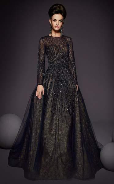 MNM COUTURE - 2449 Embellished Lace Long Sleeve Ballgown In Black