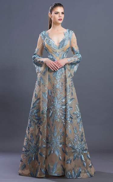 MNM COUTURE - K3652 Leaf Accented Long Bell Sleeve A-line Dress In Blue and Neutral