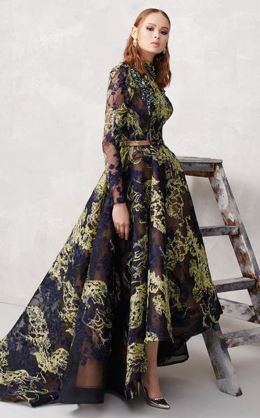 MNM COUTURE - N0267 Embellished High Neck High Low Dress In Blue and Green