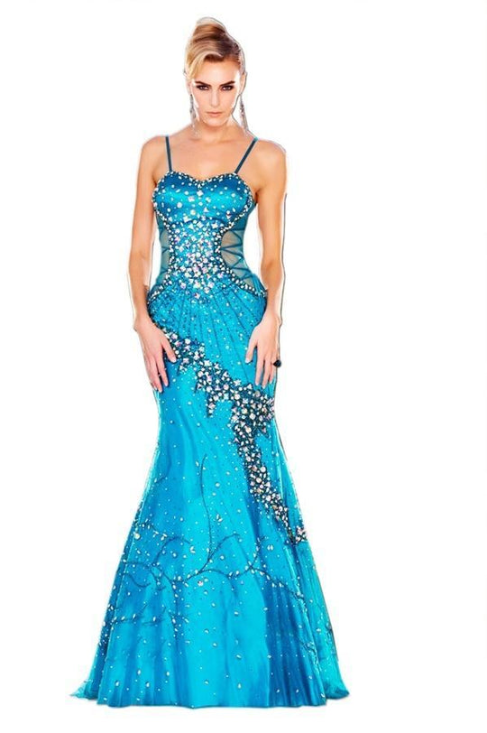 MNM Couture - 6587 Embellished Semi-Sweetheart Trumpet Dress in Blue