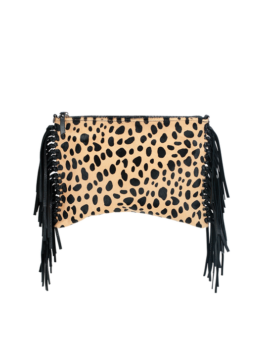 KALON fringe crossbody & clutch Cheetah/Black / Genuine Leather