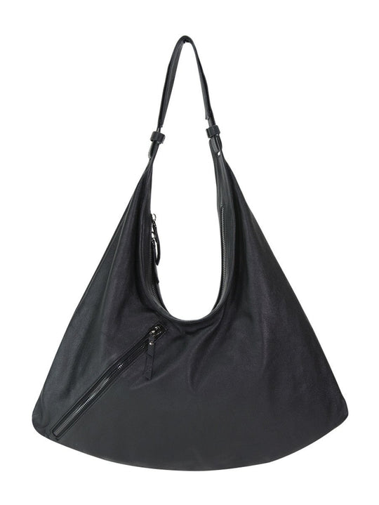 MERAKI asymmetrical zipper shoulder bag Black/Gunmetal / Genuine Leather