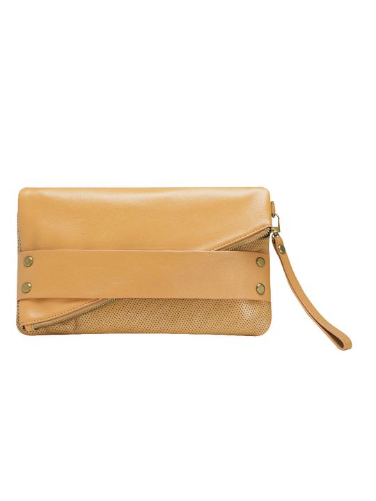 TRIFECTA hand strap clutch Tan/Brass / Genuine Leather
