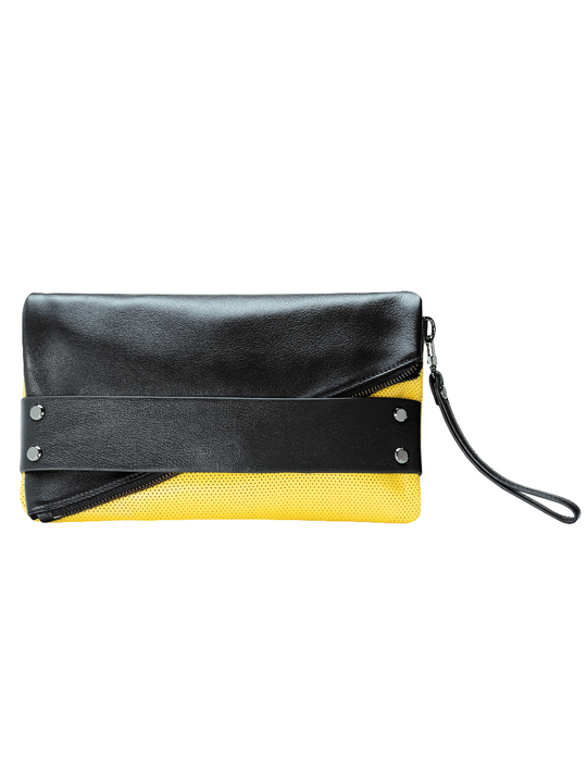 TRIFECTA hand strap clutch Black/Yellow/Gunmetal / Genuine Leather