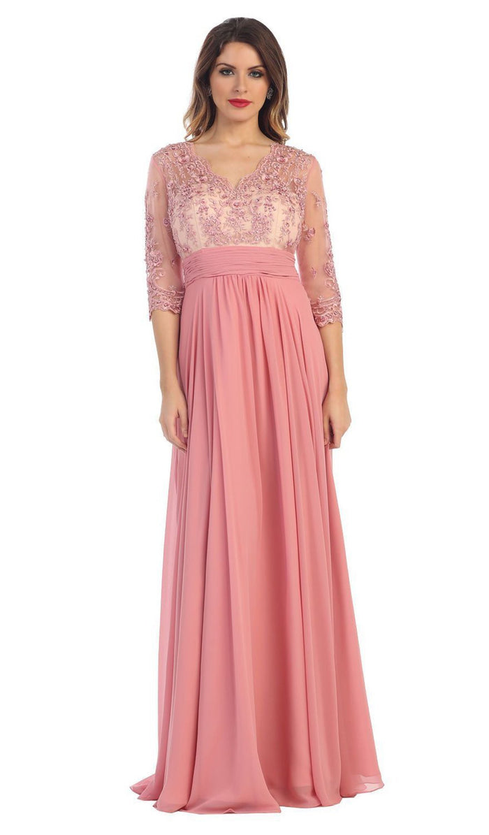 Quarter Sleeve Illusion Empire Formal Dress