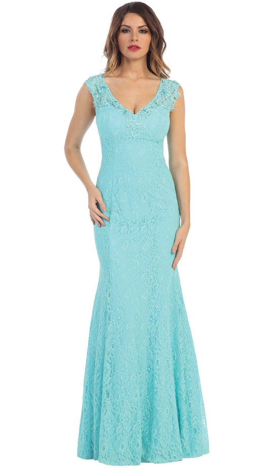 Aqua Lace V-neck Trumpet Evening Dress