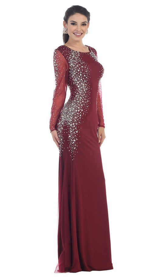 Long Sleeve Mermaid Prom Dress with Metallic Lace Applique and Rhinestones