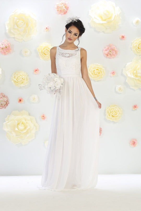 May Queen Embroidered Sleeveless Jewel A-line Dress MQ-1289 in White