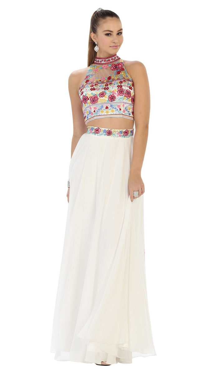 Multi-Floral Embroidered Bodice Two Piece Long Evening Dress