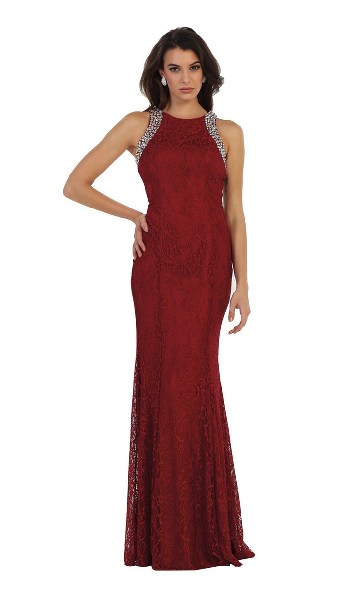 Elegant Sleeveless Rhinestone Lace Prom Dress