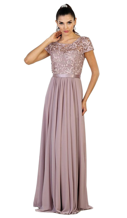 May Queen A-line Lace Chiffon Evening Dress - 1 pc Mauve In Size L Available In Mauve