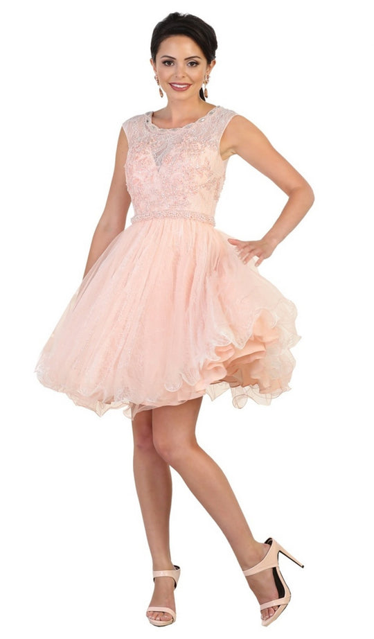 May Queen - MQ1498 Lace Pleated A-Line Cocktail Dress In Pink