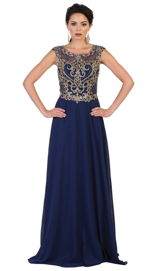 Embroidered Illusion Jewel A-line Evening Dress