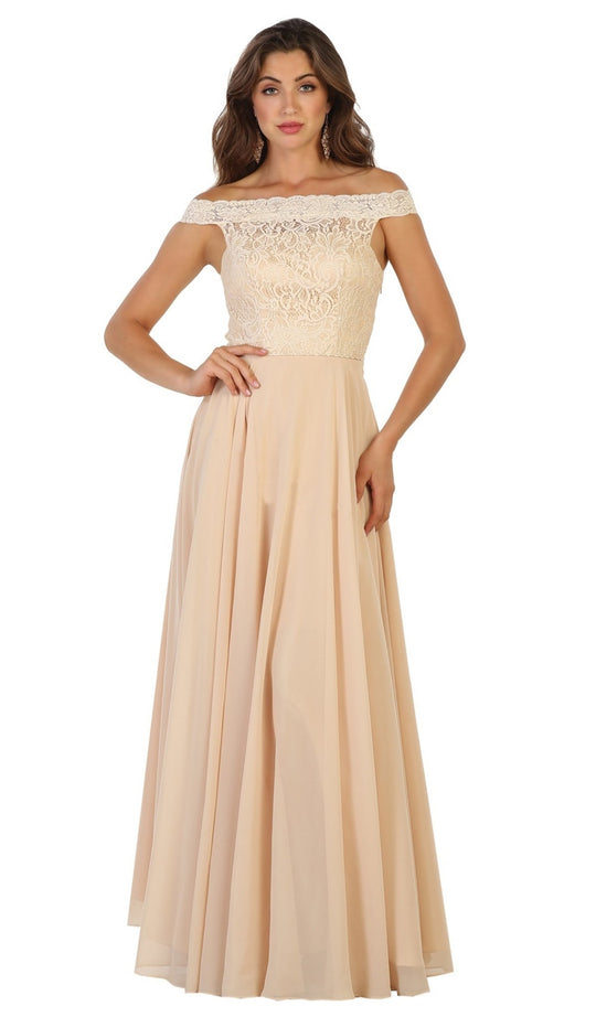 May Queen - MQ1514 Lace Overlaid Off-Shoulder A-Line Bridal Gown in Neutral