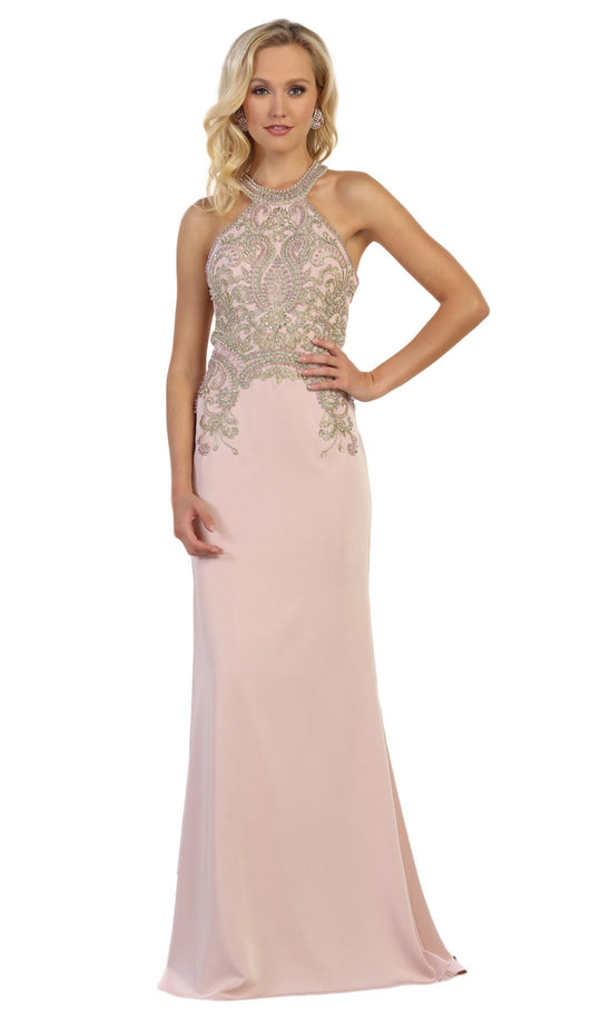 May Queen - MQ1538 Gilded Halter Neck Trumpet Dress In Pink