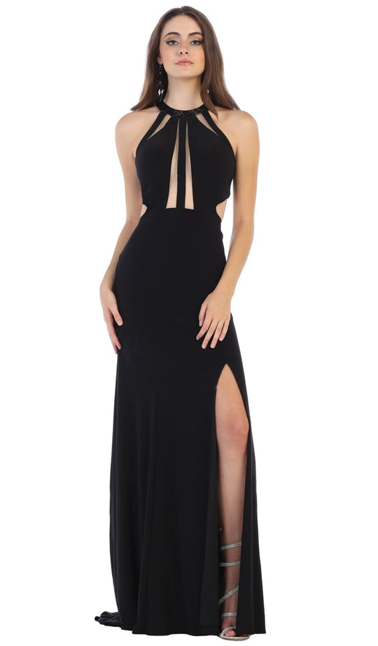 May Queen - MQ1579 Multi-Cutout Beaded Halter Sheath Gown In Black