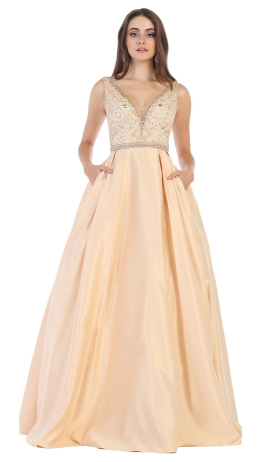 May Queen - MQ1581 Beaded Embroidered Plunging Ballgown In Neutral