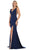 May Queen - MQ1582 Plunging Beaded Tri-Band High Slit Gown In Blue