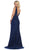 May Queen - MQ1582 Plunging Beaded Tri-Band High Slit Gown In Blue