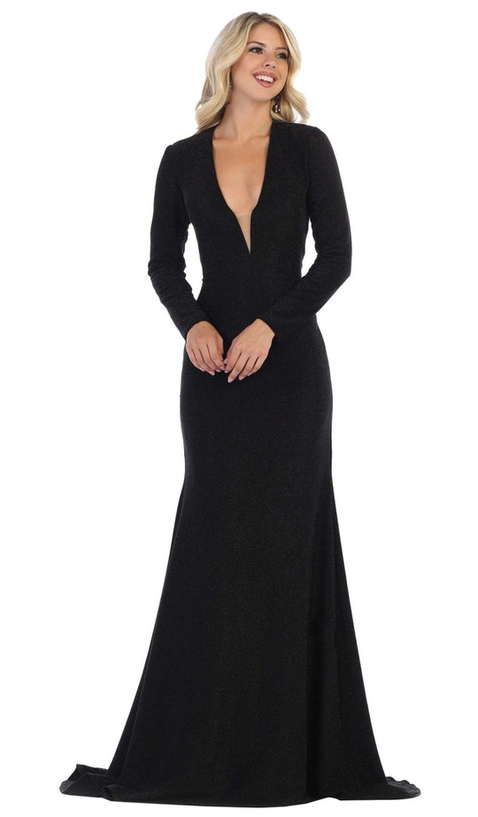 May Queen - MQ1583 Long Sleeve Deep V-neck Trumpet Dress In Black