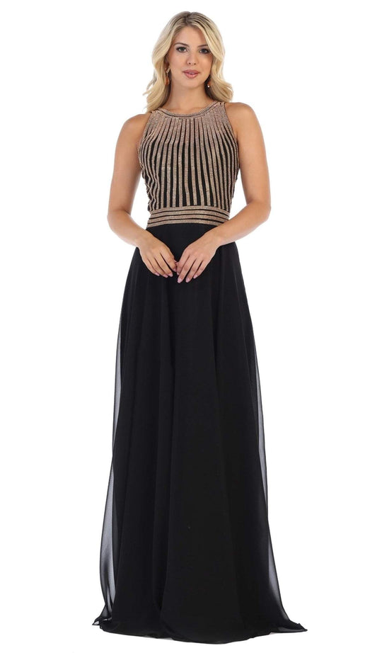 May Queen - MQ1586 Stripe Beaded Illusion Jewel Chiffon Gown In Black and Gold