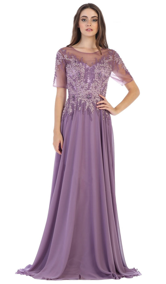 May Queen - MQ1589 Embroidered Sheer A-Line Evening Dress In Purple