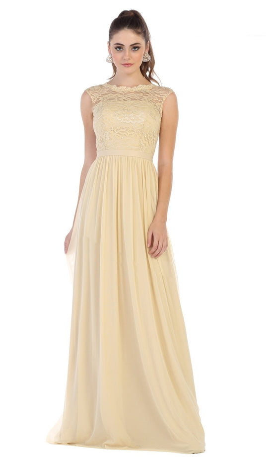 May Queen - MQ1590 Lace Cap Sleeve Bateau A-line Dress In Nude