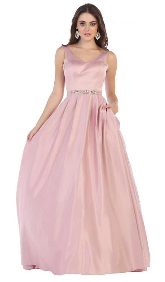 May Queen - V-Neck Ornate Waist A-Line Gown MQ1595  In Pink