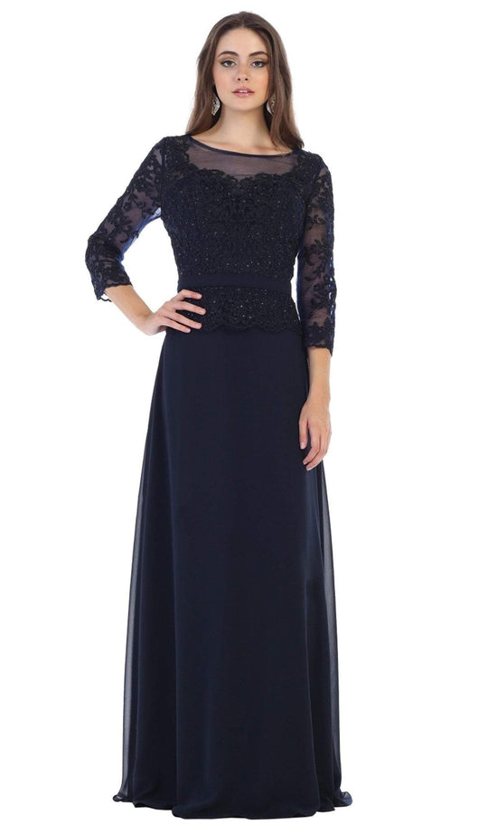 May Queen - MQ1599 Appliqued Quarter Sleeve Illusion Bateau Gown In Blue