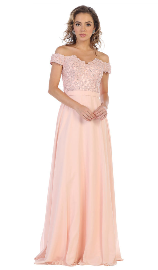 May Queen - MQ1601B Applique Off-Shoulder A-line Gown In Pink