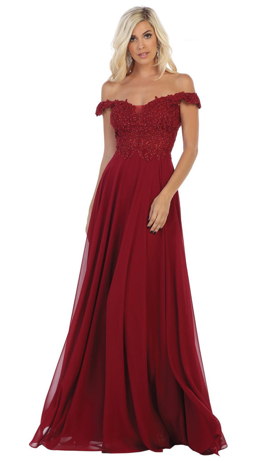 May Queen - MQ1602B Floral Appliqued Off-Shoulder Dress In Red
