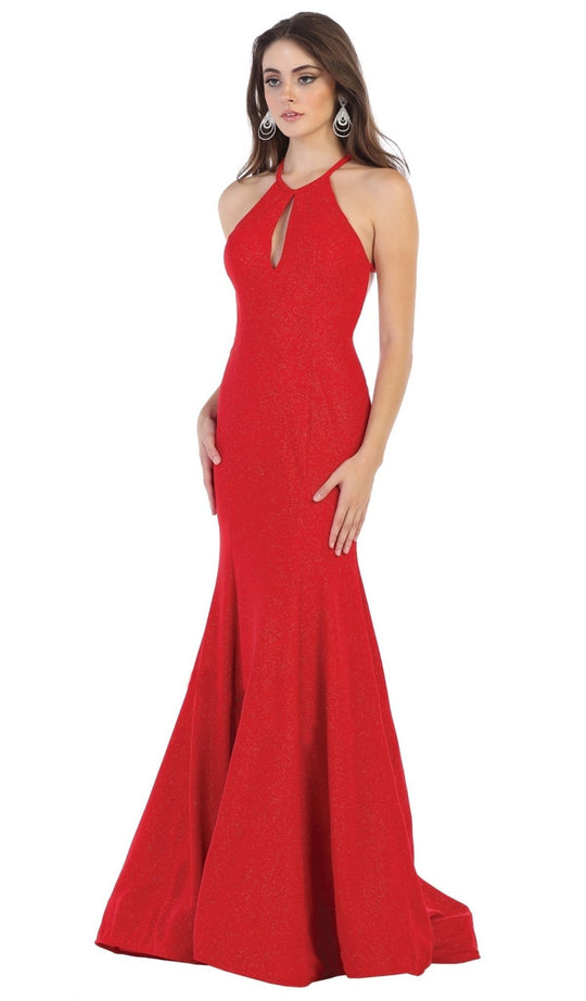 May Queen - MQ1603 Cutout Bodice Halter Mermaid Gown In Red