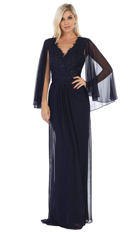 May Queen - Illusion Cape Sleeve Floral Appliques Dress MQ1612  In Blue