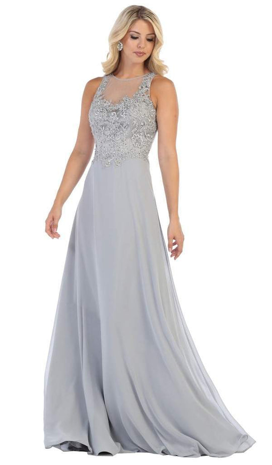 May Queen - Embellished Illusion Jewel A-line Dress MQ1621 In Gray