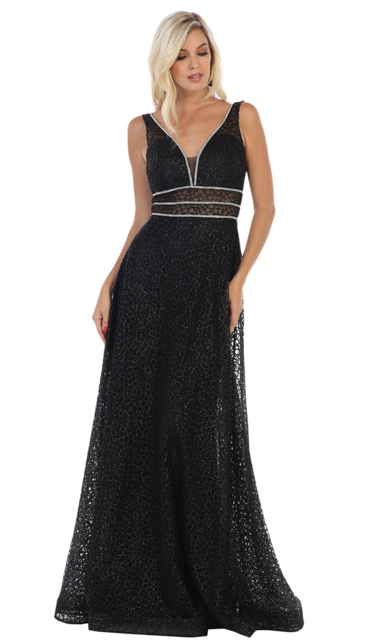May Queen - MQ-1623 Sleeveless V-Neck Glitter Tulle A-Line Gown In Black