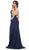 May Queen - Plunging V-Neck High Slit Lace Gown MQ1624 In Blue
