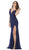 May Queen - MQ1624 Plunging V-Neck High Slit Lace Gown In Blue