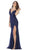 May Queen - Plunging V-Neck High Slit Lace Gown MQ1624 In Blue