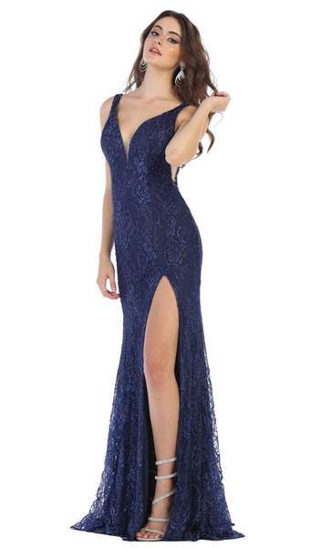 May Queen - Plunging V-Neck High Slit Lace Gown MQ1624 In Blue