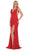 May Queen - MQ1624 Plunging V-Neck High Slit Lace Gown In Red