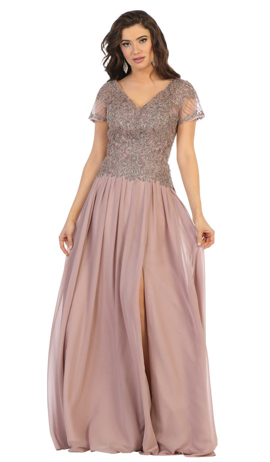 May Queen - MQ1638 Embellished V-neck A-line Dress In Purple