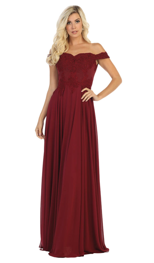 May Queen Bridal - MQ1644 Lace Ornate Off-Shoulder Chiffon A-Line Gown In Red