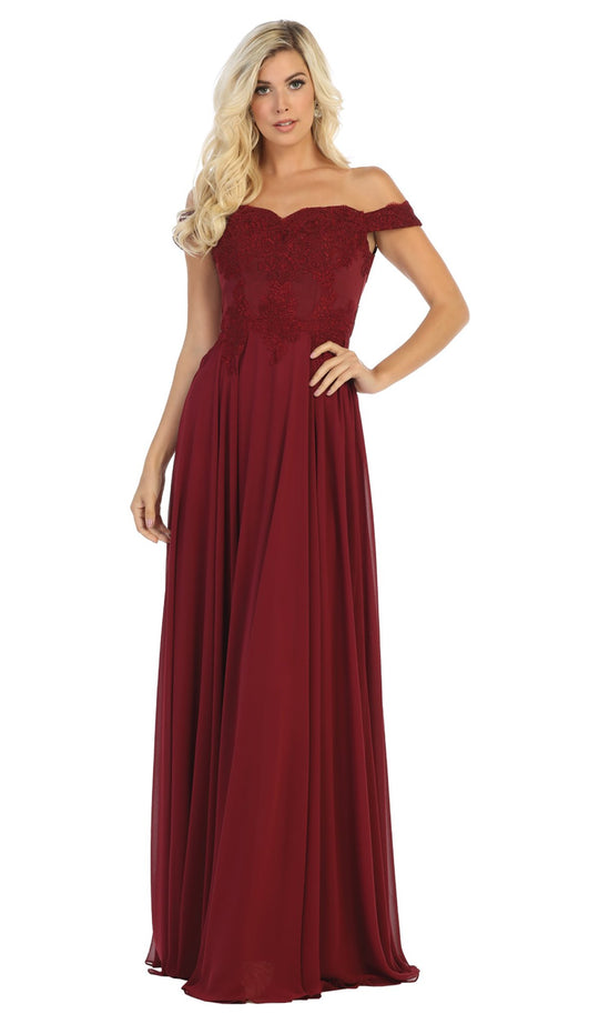 May Queen - MQ1644B Embroidered Off-Shoulder A-Line Dress In Red