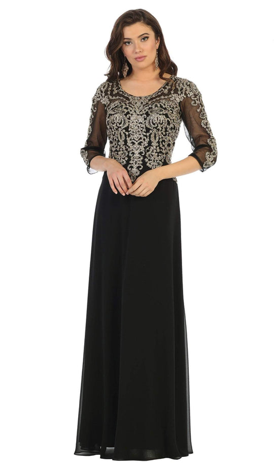 May Queen - MQ1670 Beaded Appliques A-Line Dress In Black and Gold