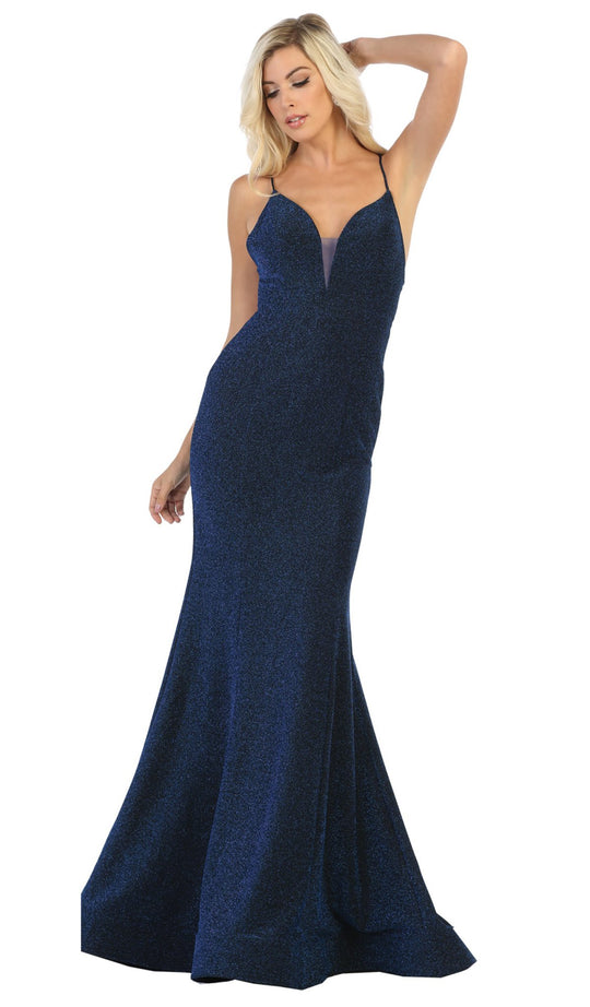 May Queen - MQ1672 Sleeveless Deep V-neck Trumpet Dress In Blue